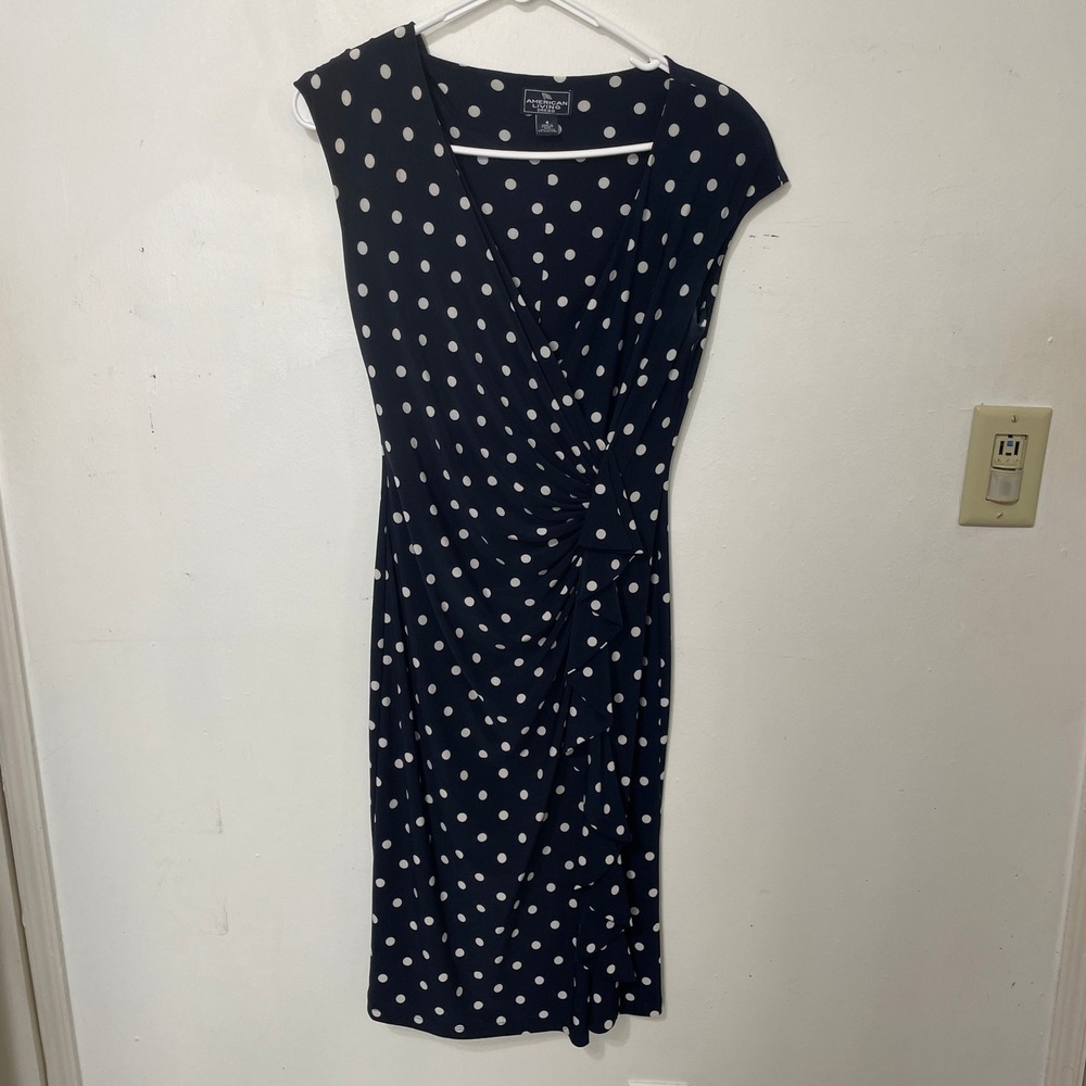 American Living Navy Blue Polka Dot Faux Wrap Ruffle Sheath Dress Size 4